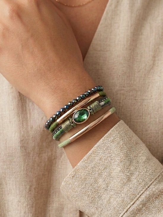 Jewelry - NEW Green Multi-Row Gem & Bead Bracelet Stack Magnetic Clasp Green & Gold Tone